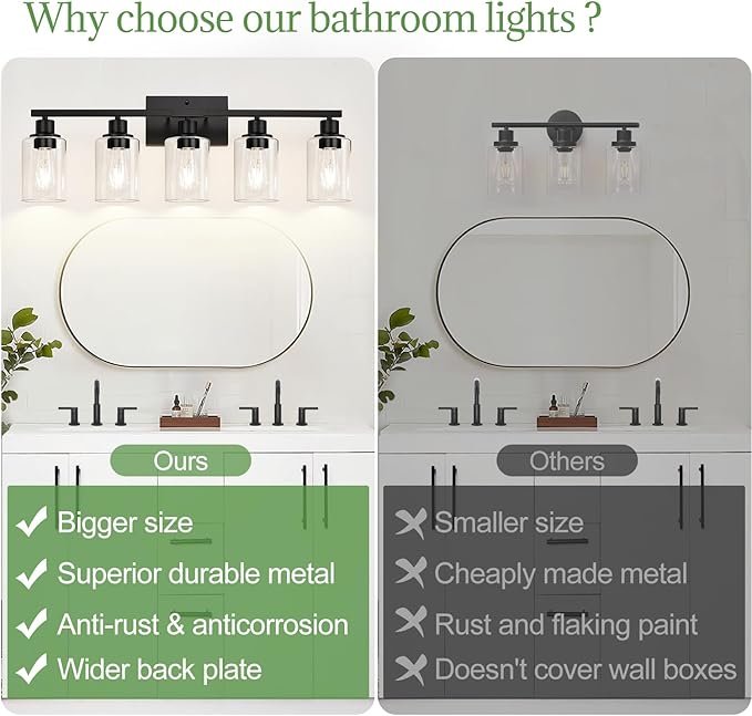 Indoi 5-Light Bathroom Light Fixtures, Matte Black Modern Vanity Lights with Clear Glass Shades, Bathroom Vanity Light for Mirror Living Room Cabinet Bedroom Porch