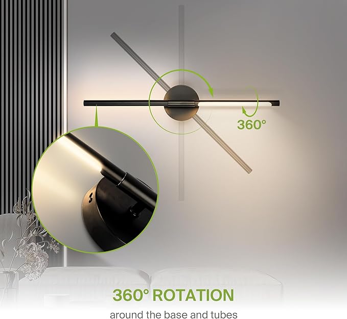 ASD LED 24" Linear Tube Wall Sconce, Modern Bathroom Light Bar | 3CCT, Dual 360° Rotatable, Dimmable, ETL Listed | 8W 666LM 3000-5000K 100-277V | Bedroom, Hallway Vanity Lighting | Black, 2 Pack