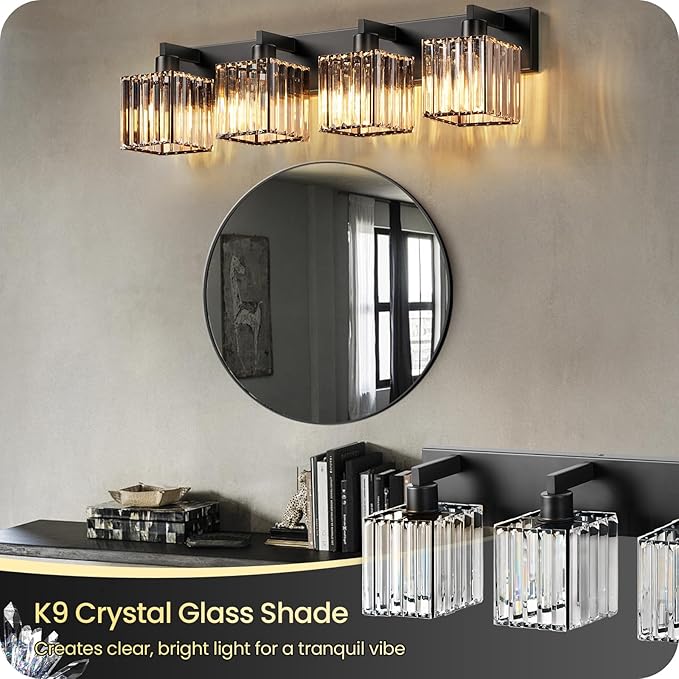 Modern Crystal Vanity Light, 4-Light Bathroom Light Fixture, 30.7"Square Vanity Lighting Fixture, E26 Base, Bulbs Not Included, for Bathroom,Vanity Light Over Mirror, Hallway,Black B11BD05W1