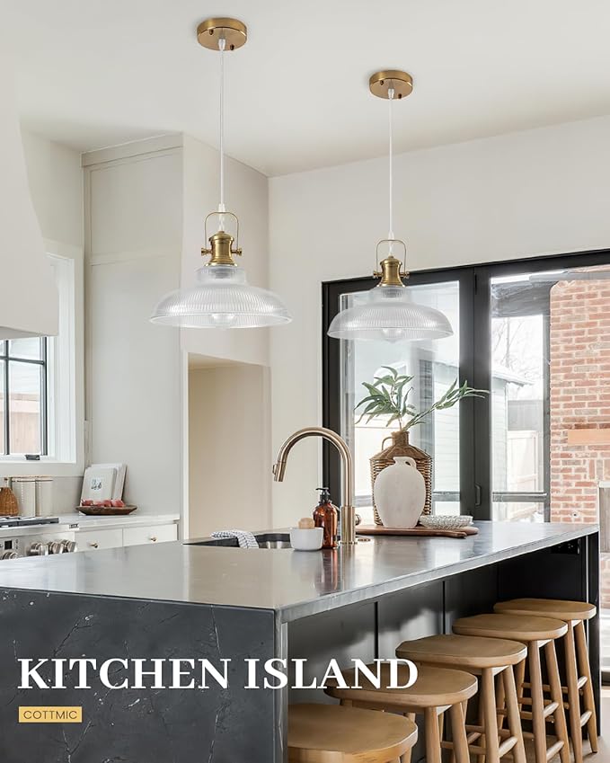Gold Glass Pendant Lights Kitchen Island, 12in, Modern Kitchen Pendant Lights Fixture, Farmhouse Pendant Lighting for Dining Room Bedroom Bar Sink, 2 Pack
