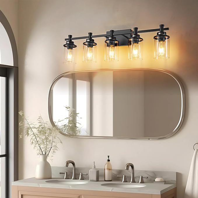 5-Light Black Bathroom Vanity Light, Modern Wall Sconces Over Mirror with Clear Glass Shade