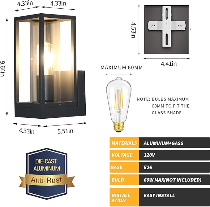 Outdoor Wall Light with Mount, Aluminum Waterproof Porch Light Fixture for Front Door, Patio,Black