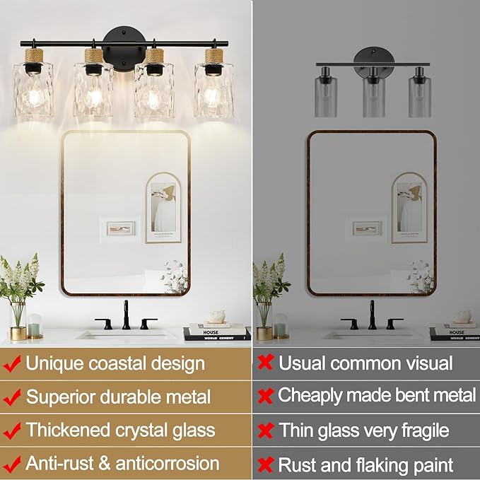 MOKATNG Bathroom Light Fixtures, 4-Light Coastal Vanity Lights with Crystal Glass Shade, Black Bathroom Wall Lamp for Mirror Kitchen Hallway Cabinet