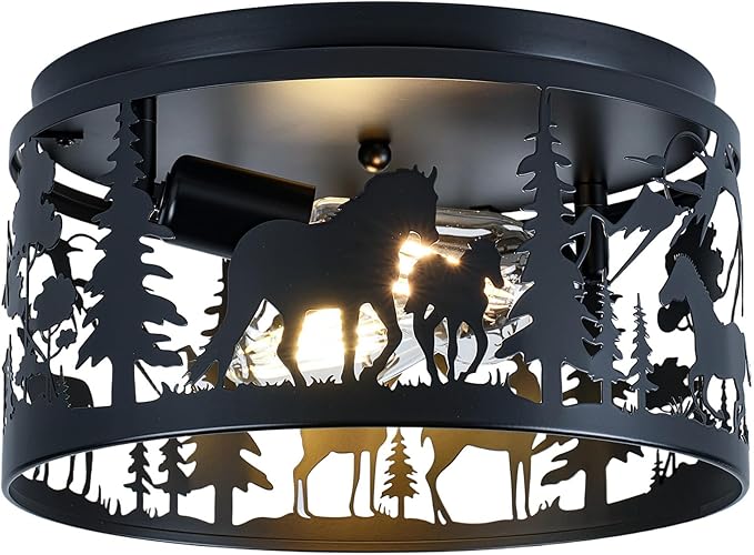 Farmhouse Rustic Ceiling Light Fixtures -Horse & Deer Design, 2-Light E26 Round Metal Fixture for Kitchen, Bedroom, Foyer, Entryway, Lodge (Bulbs Not Included)