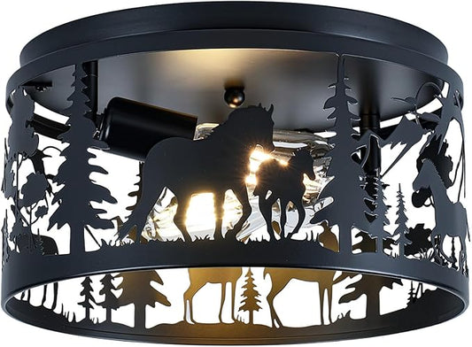 Farmhouse Rustic Ceiling Light Fixtures -Horse & Deer Design, 2-Light E26 Round Metal Fixture for Kitchen, Bedroom, Foyer, Entryway, Lodge (Bulbs Not Included)