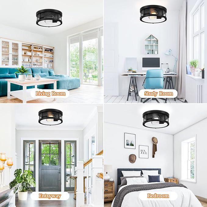 Black Flush Mount Ceiling Light Fixture, Farmhouse Light Fixture with Seeded Glass Lampshade, 2-Light Industrial Close to Ceiling Lighting for Hallway, Kitchen, Entryway, Foyer(Bulb Not Included)