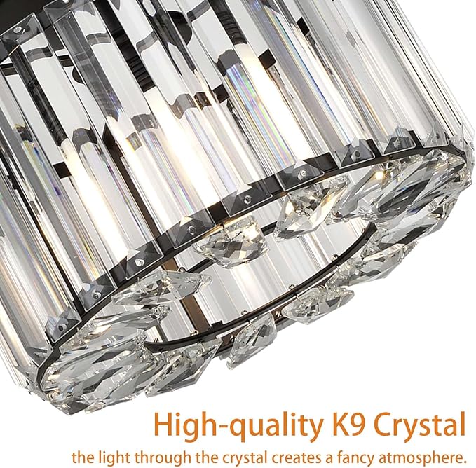 FRIDEKO HOME Crystal Ceiling Light - Black Small Chandelier Semi Flush Mount Ceiling Light Fixture Modern Lights for Hallway Bathroom Kitchen Entryway (9.05 Inch, Bulb not Included)
