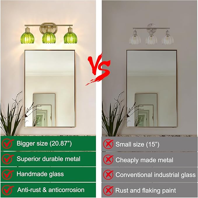 Gold Bathroom Light Fixtures, 3-Light Vanity Lights for Bathroom with Ribbed Green Tulip Glass Shade, Brass Wall Scone Lighting Over Mirror for Farmhouse,Bedroom,Living Room,Hallway