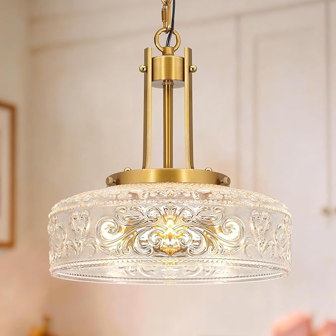 Vintage 3-Light Pendant Lights Kitchen Island, Gold Brushed Metal & Clear Glass Ceiling Pendant Light, Adjustable Antique Large Chandelier Light Fixture Over Table ,Bathroom, Breakfast, Hallway, E12*3