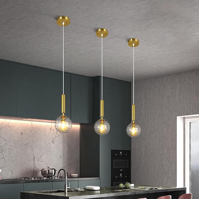 Modern Gold Pendant Light Hanging Fixture Light for Kitchen Island Mid Century with Globe Pendant Light Clear Glass Pendant Lighting for Living Room Bedroom Entryway (3 Pack)