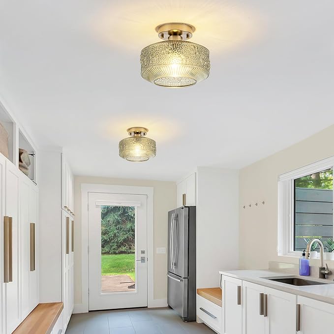 Semi Flush Mount Ceiling Light, 9 Inch Modern Small Ceiling Light Fixture with Green Thickened Glass & Stone Floral Pattern, Bronze Base for Hallway Kitchen Bedroom Hotel Cafe
