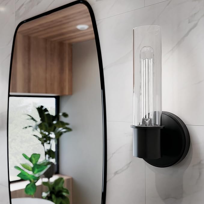 Kichler Aviv 1-Light Wall Sconce, Modern Light with Clear Glass in Black, for Bedroom, Laundry Room, Kitchen or Hallway (13" x 5.5"), 52653BK