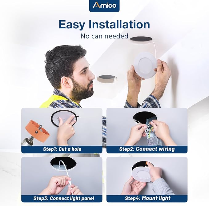 Amico 20 Pack 4 Inch 5CCT Ultra-Thin LED Recessed Ceiling Light with Junction Box, 2700K/3000K/4000K/5000K/6000K Selectable, 11W Eqv 70W, Dimmable Can-Killer Downlight, 800LM High Brightness - ETL&FCC