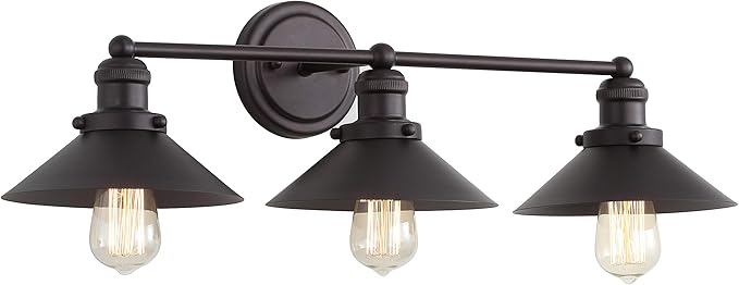 JONATHAN Y 26.5" Oil Rubbed Bronze 3-Light Industrial Farmhouse Metal Vanity Light Wall Sconce, Metal Shade for Bathroom Mirror, Kitchen, Entryway, LED Bulb Included (JYL7428A)