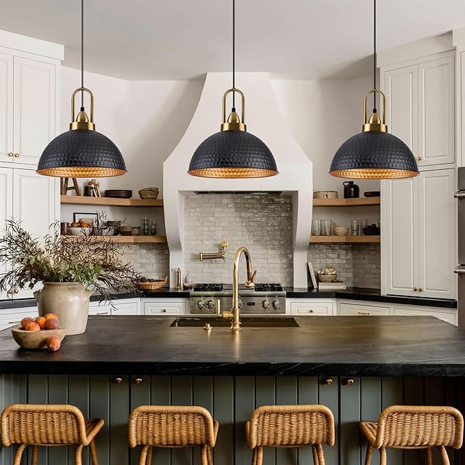 Black Pendant Lights Kitchen Island Industrial Adjustable Height Vintage Farmhouse Dome Hanging Light Fixtures for Barn, Dining Room 2 Packs