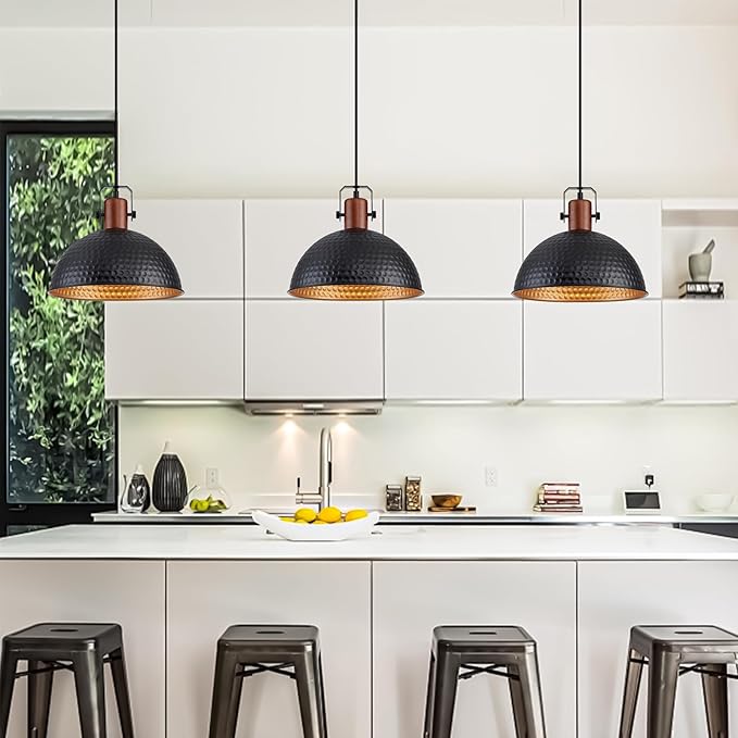 12 Inch Black Pendant Lights Hammered Matte Pendant Lights for Kitchen Island Industrial Farmhouse Adjustable Height Dome Hanging Light Fixtures for Barn, Dining Room 3 Packs