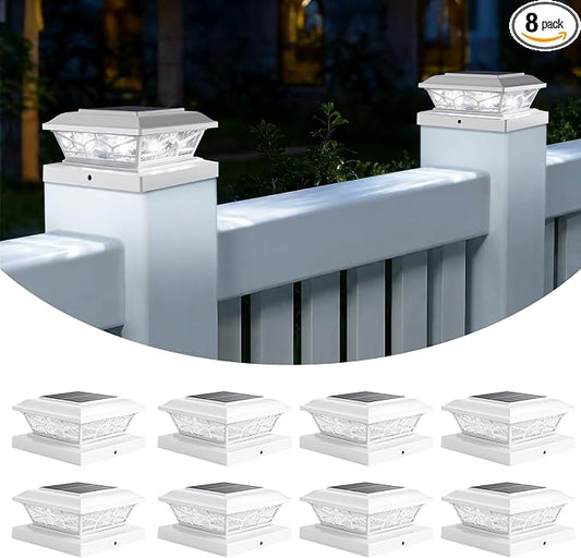 Brightever 4x4 3.5x3.5 Solar Post Cap Lights, 8-Pack Outdoor Solar Powered Fence Post Lights Fit Vinyl/Wood Posts, 2 Modes(Warm/Cool Light), Solar Waterproof Deck Post Lights for Garden, Patio, White