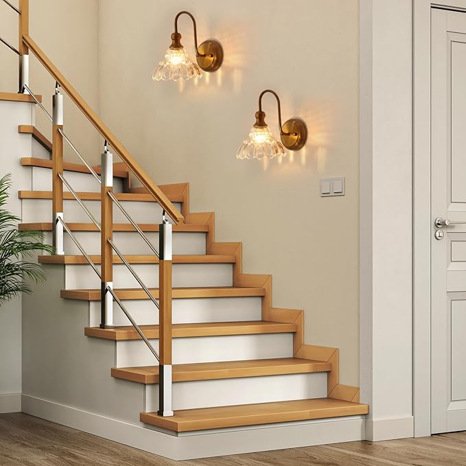 lobolighting Vintage Wall Sconce Set of 2 with Glass Shade Brass Sconces Gold Bathroom Vanity Light Fixtures Modern Wall Lighting Fixture for Bedroom Bedside Door Header
