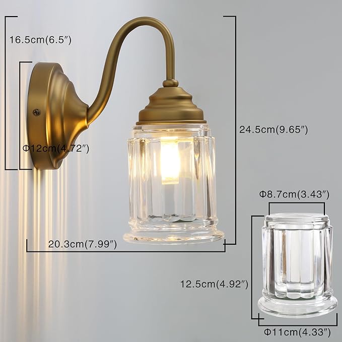PERMO Vintage Wall Sconce with Clear Bell-Shaped Glass Shade Antique Gold Bathroom Sconce Wall Mount Light for livingroom Bedroom,Hardwired,E26 Base
