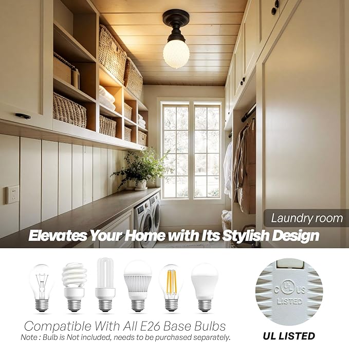 Modern Schoolhouse Semi Flush Mount Ceiling Light,Black Close to Ceiling Light Fixtures with Milky White Globe Glass Hallway Light Fixtures for Laundry Entryway Kitchen Bathroom E26