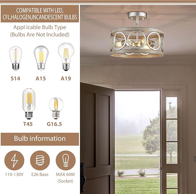 Farmhouse Ceiling Light Fixture, Drum Round Modern Semi Flush Mount Ceiling Light for Kitchen Bedroom Dining Living Room, 13" Metal Nickel and Wood Grain Chandeliers