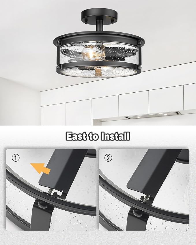 2-Light Semi Flush Mount Ceiling Light Fixture, Industrial Farmhouse Lighting, Black Matte Metal Hallway Ceiling Light with Seeded Glass for Bedroom,Living Room,Kitchen,Entryway,Dining Room