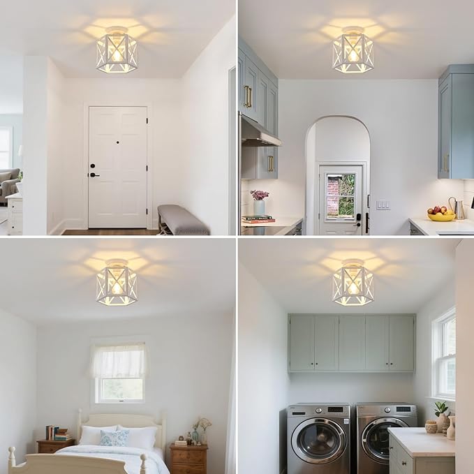 XSDeTu 2 Pack White Semi Flush Mount Ceiling Light, Modern Hallway Light Fixture, Vintage Metal Hexagonal Ceiling Lamp for Kitchen Entryway Porch