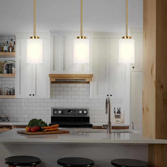 2 Pack Indoor Pendant Light Fixtures, Gold Finish Kitchen Island Hanging Lights Adjustable Ceiling Lamp, Mini Pendant Lights with White Frosted Glass Shade for House Bedroom Hallway
