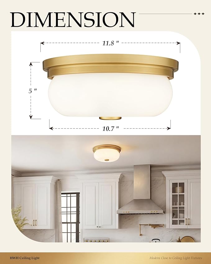 Gold Flush Mount Ceiling Light, HWH Modern Flush Mount Ceiling Light Fixtures with Milk White Glass, 12 Inch Indoor Ceiling Light for Hallway Corridor Kitchen, 5HJX109F BG-MW
