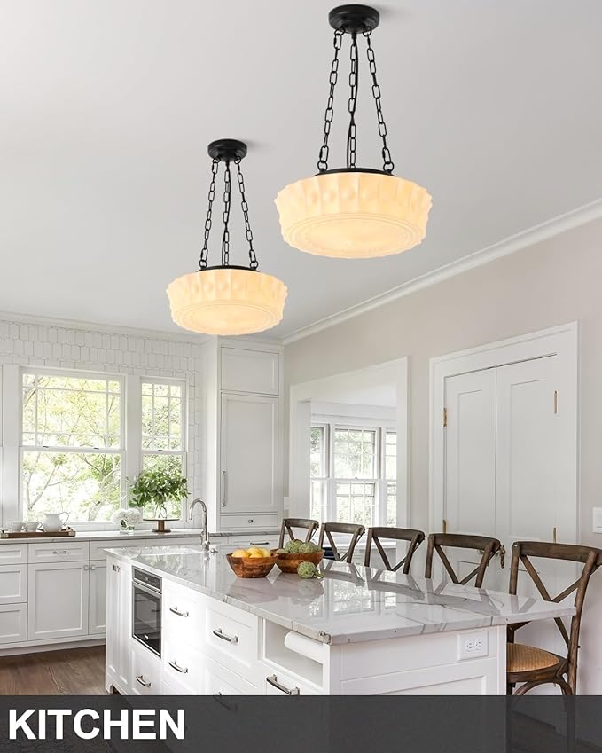 13.8" Vintage Milk Glass Pendant Light,Mid-Century Schoolhouse Hanging Ceiling Light Fixture for Bedroom,Dining Room,Hallway,Kitchen Island,4*G9 Dimmable Bulbs Included