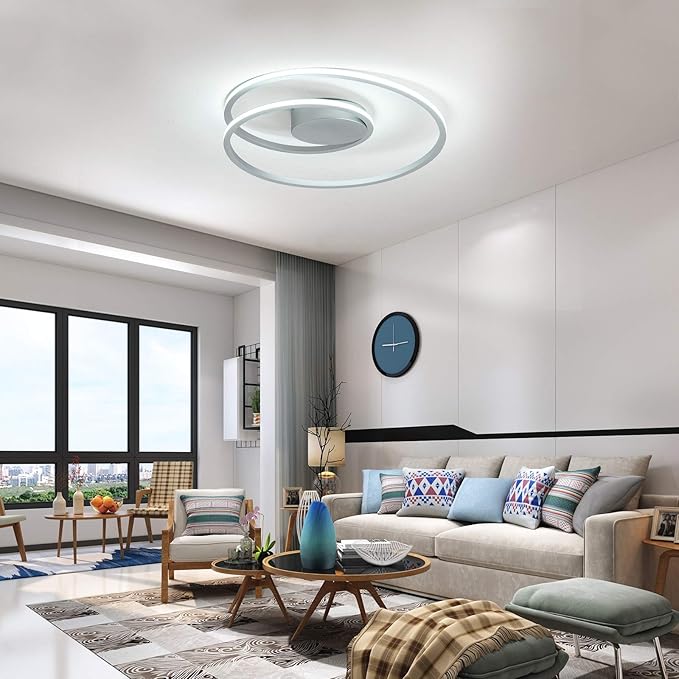 MADEM Room Decor Modern Ceiling Light, 20.5'' Dimmable LED Flush Mount Ceiling Light 47W LED Chandelier Close to Ceiling Light for Bedroom Living Room Dining Room, Silver