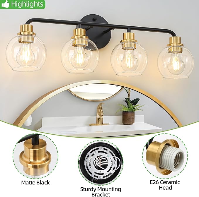 4 Light Bathroom Vanity Light, Black and Gold Bathroom Light Fixtures with Clear Glass Shade Modern Wall Sconces Lighting Bath Wall Lights Lamp for Mirror Kitchen Living Room Bedroom Hallway Cabinet