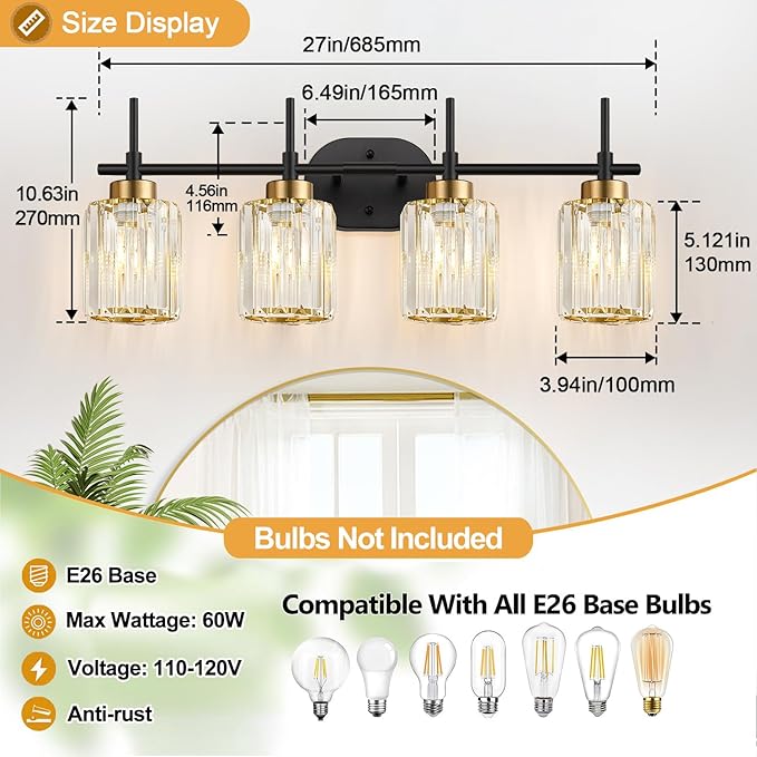 Modern Crystal Bathroom Vanity Light, 4-Light Black and Gold Bathroom Light Fixtures, Clear K9 Crystal Shades, Adjustable Up/Down Mount, E26 Base Wall Sconce (Bulbs Not Included)