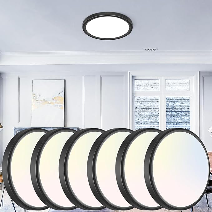 libtit 7 inch Flush Mount LED Ceiling Light Fixture, 3000K-6500K Adjustable, 15W 1500lm Black Satin Round Ceiling Lamp for Bathroom Hallway Kitchen Bedroom, 6 Pack