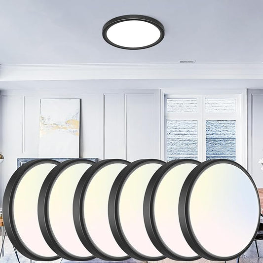 libtit 7 inch Flush Mount LED Ceiling Light Fixture, 3000K-6500K Adjustable, 15W 1500lm Black Satin Round Ceiling Lamp for Bathroom Hallway Kitchen Bedroom, 6 Pack