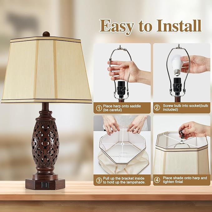 EJIAXIN Bedside Lamps Set of 2-23.5" Vintage Table Lamp with USB A+C and Nightlight - Brown Carved Resin Farmhouse Desk Lamp for Bedrooms, End Tables, Living Room, Bulbs Included