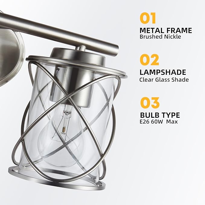 mavcadonf 2-Lights Vanity Lights, Bathroom Light Fixtures Over Mirror, Brushed Nickel Vanity Light, Farmhouse Wall Lights with Clear Glass Shade, Bathroom Wall Lamp for Mirror Kitchen Bedroom