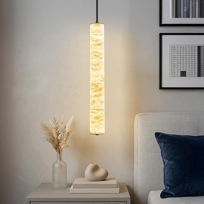 LMQNINE Natural Alabaster Pendant Lights White Marble 24" Long Tube Adjustable Boom Chandelier Modern 3000K Black Ceiling Light for Kitchen Island Bedroom Dining Room Living Room Hallway(M-1Pack)