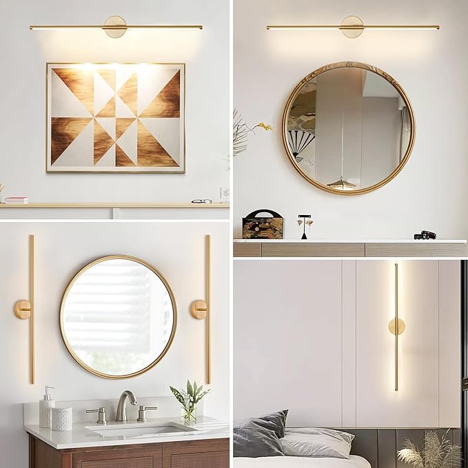 Gold Bathroom Light Fixtures Over Mirror 43 Inch, 33W 360° Rotatable Dimmable 4000K Led Brass Vanity Light Bar, Brushed Gold Bathroom Vanity Lights Above Mirror
