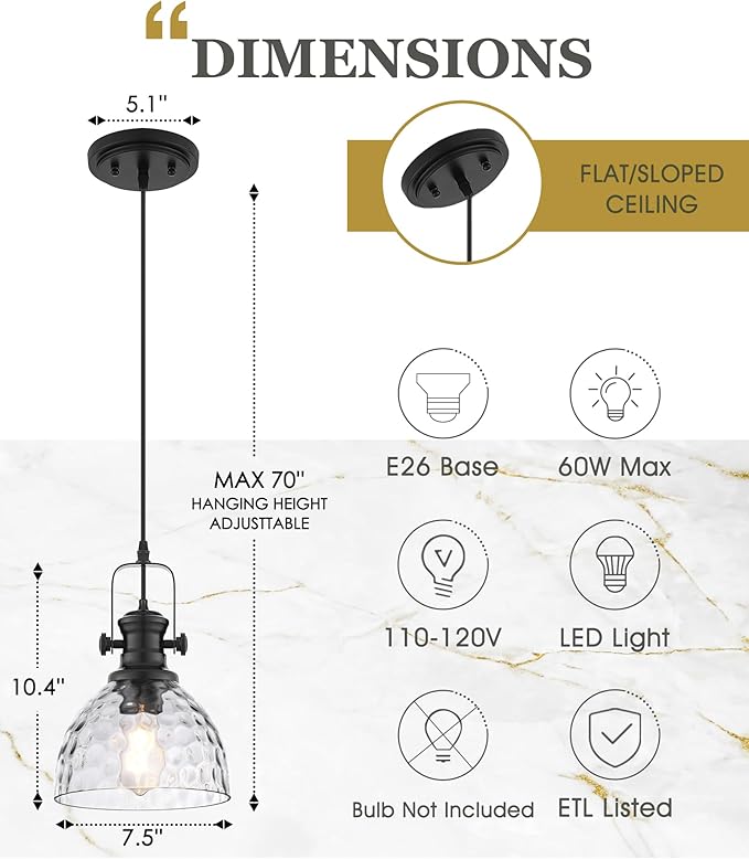 Black Pendant Lights Kitchen Island, 7.5" Farmhouse Pendant Lighting with Hammered Glass Shade, Vintage Hanging Light Fixtures for Dining Room Entryway, Adjustable Cord, AD-22151-1P-BK-H