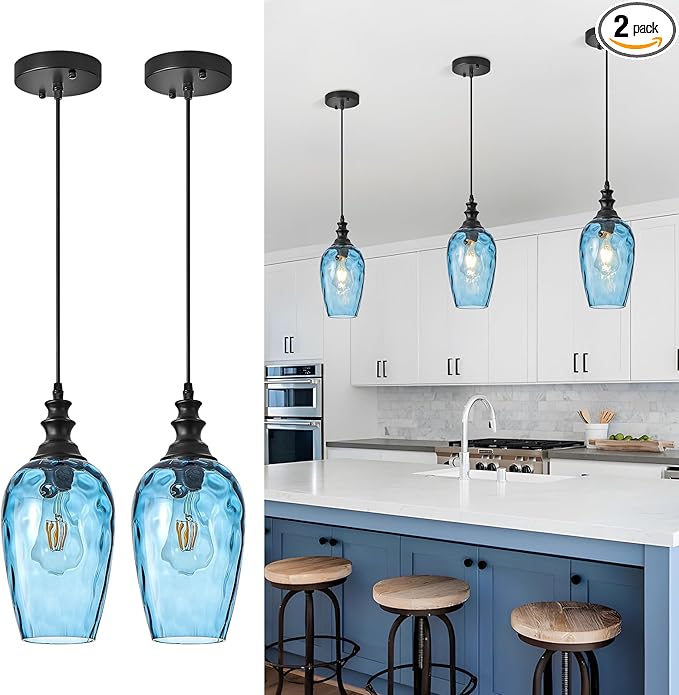 Glass Pendant Lights Kitchen Island, Modern Farmhouse Blue Hanging Indoor Kitchen Island Pendant Lighting, Adjustable Cable, Hand Blown Glass Shade & E26 Base for Bathroom, Hallway, 2 Pack