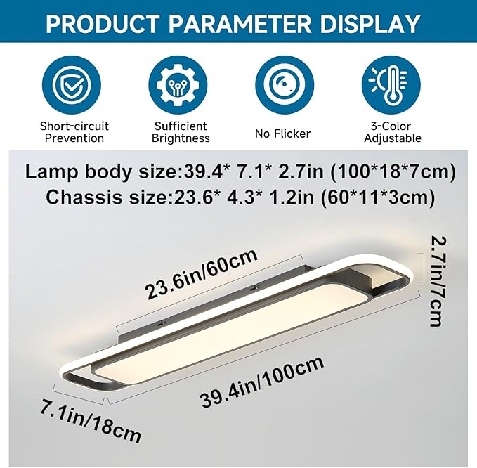 ORANOOR Modern LED Ceiling Lighting with Remote, 70W Dimmable Black Linear Flush Mount Light Fixture, 39.4'' Low Profile Lights Fixture Long LED Ceiling Lamp for Kitchen Bedroom Living Room Hallway