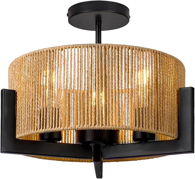 Boho Light Fixture,13.6'' Rattan Ceiling Lights,3-Light Coastal Semi Flush Mount Ceiling Light Fixture,Farmhouse Chandelier, Nursery Light Fixtures,Flush Mount Lights for Bedroom Entryway
