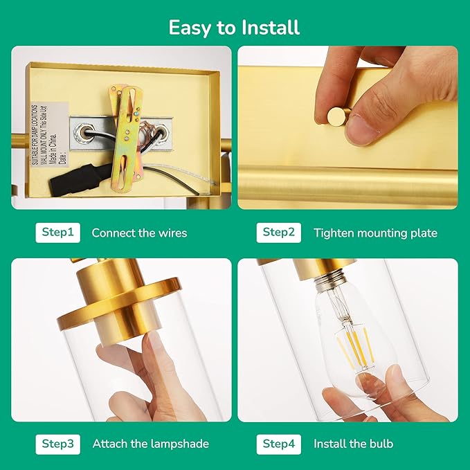 EDISHINE Bathroom Light Fixtures, 2-Light Gold Bathroom Vanity Light, Modern Wall Sconces with Clear Glass Shades for Powder Room, Vanity Table, Mirror, Kitchen (E26 Base)