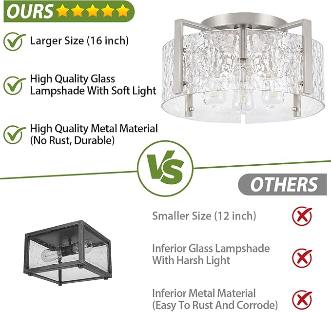 4-Light Modern Semi Flush Mount Ceiling Light Silver, 16'' Entryway Light Fixture, Glass Ceiling Mount with Hammer Glass for Passage Aisle Kitchen Island Dining Room Living Room Lighting Fixtures