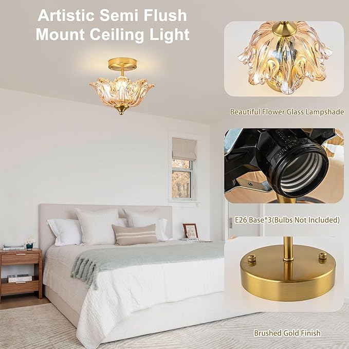 Semi Flush Mount Ceiling Light, Gold Vintage Light fixtures with Floral Amber Glass Shade, Modern Close-to-Ceiling Lighting for Bedroom Kitchen Living Room Hallway