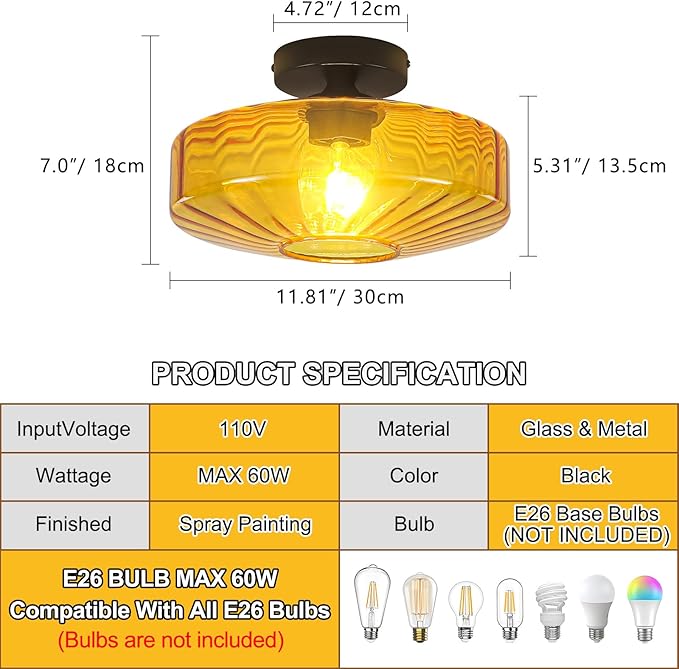 Semi Flush Mount Ceiling Light, 11.8" Mid Century Modern Close to Ceiling Light Fixtures with Amber Glass Shade, 1-Light Vintage Drum Lights for Bedroom Kitchen Entryway Hallway Porch Foyer