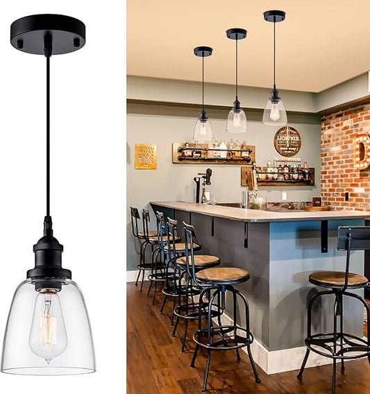 Pendant Light Over Island Hanging Lighting Industrial Clear Glass Adjustable Cord for Sink Kitchen Island Dining Room, Black, 1 Pack