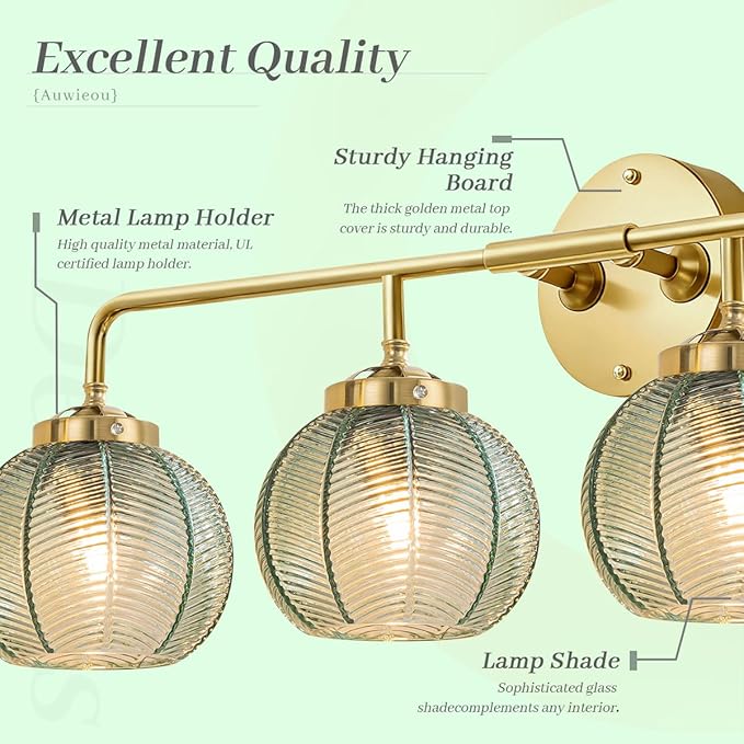 4-Light Vintage Bathroom Vanity Lights – Gold Wall Sconce with Green Glass Shades, Mid Century Modern Art Deco Lighting for Mirror, Living Room, Bedroom