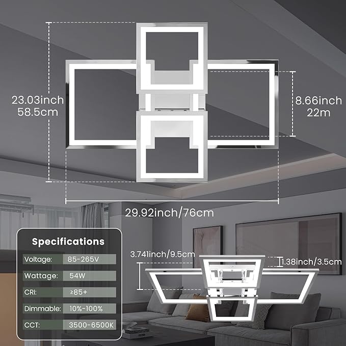 Acrylic Modern LED Ceiling Light, Square LED Flush Mount Ceiling Light, Dimmable Kitchen Light Fixtures with Remote&APP, Close to Ceiling Lighting Fixture for Dining Room Kitchen Living Room Bedroom